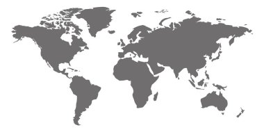 Dünyanın basitleştirilmiş bir haritası. Beyaz arka planda stilize edilmiş genel gri kart. Düz stil. Web sitesi şablonu, tasarım, kapak. Avustralya, Asya, Amerika, Avrupa, Afrika. Vektör illüstrasyonu