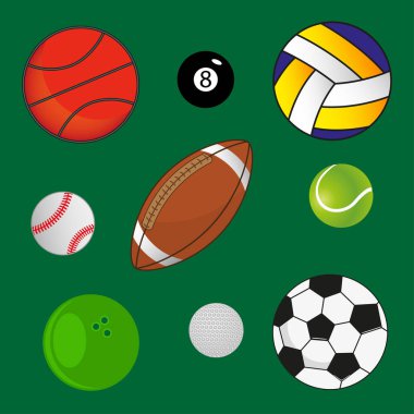 Oyunlar için renkli toplar. Yuvarlak spor malzemeleri ikonları. Voleybol, basketbol, futbol, Amerikan futbolu, bowling, beyzbol, tenis, golf sembolleri. Beyaz arka planda izole edilmiş. Düz stil. Vektör illüstrasyonu