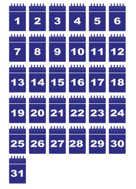 Bir dizi yırtık takvim sayfası. Ayın günleri. Düz stil beyaz arkaplanda izole edildi. Vektör illüstrasyonu