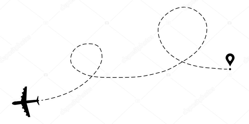 Airplane route - dotted lines. Tourism and Travel. Tourist route by plane from the starting point. Track the traveler with dotted lines. Vector illustration
