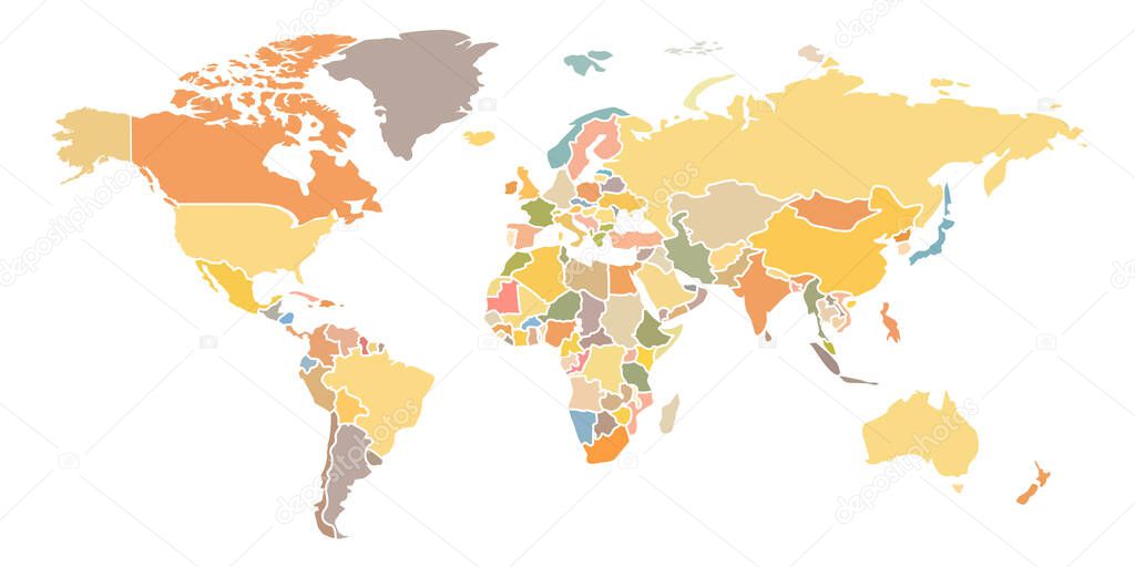 A simplified color map of the world. Stylized generalized blue card on a white background. In flat style. Website template, design, cover. Australia, Asia, America, Europe, Africa. Vector illustration