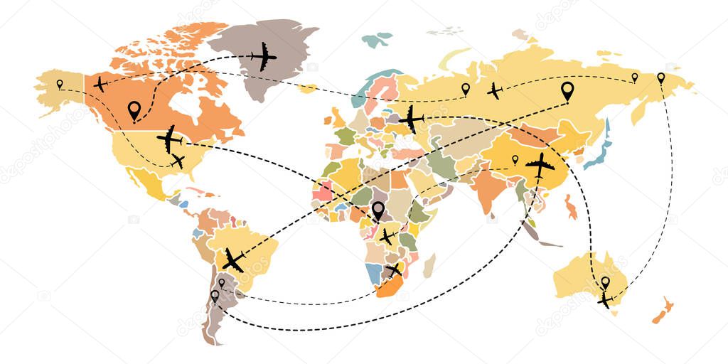 Airplane flight route on world map. Linear flight of the aircraft with the starting points and traces of the dash line. Flat style. Isolated on a white background. Vector illustration