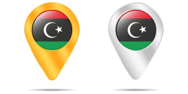 Libya bayrağıyla toplu iğne haritası. Beyaz bir arka planda. Vektör illüstrasyonu