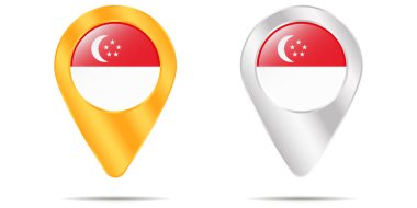 Singapur bayrağıyla toplu iğne haritası. Beyaz bir arka planda. Vektör illüstrasyonu
