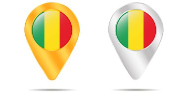 Mali bayrağıyla toplu iğne haritası. Beyaz bir arka planda. Vektör illüstrasyonu