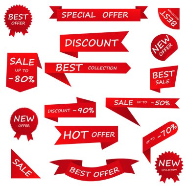 Fiyat etiketi ve en iyi satış, şablon koleksiyonu. Üzerinde metin olan satış etiketleri. En iyi seçenek, özel teklif, indirimler. Tasarım afişleri ve kartpostallar için etiketler. Beyaz bir arka planda izole edilmiş. Vektör illüstrasyonu