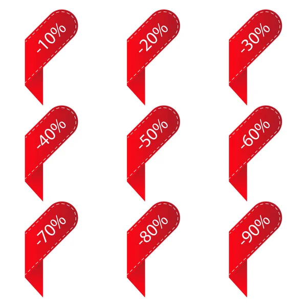 Kırmızı indirimli etiketler. İndirim 10, 20, 30, 40, 50, 60, 70, 80, 90. Tasarım afişleri ve kartpostallar için etiketler. Beyaz bir arka planda izole edilmiş. Vektör illüstrasyonu