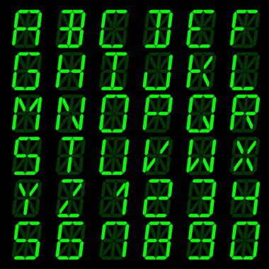 Yeşil dijital yazı tipi, harfler ve sayılar. Dijital ekranda İngiliz alfabesi. Reklam panoları, saatler, spor müsabakaları ve reklamlar için konsept LED panosu. Vektör illüstrasyonu