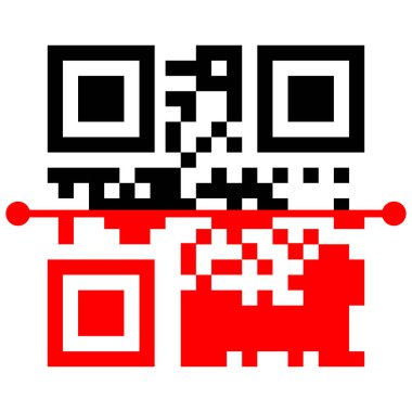 QR kod tarama simgeleri. Kırmızı çizgi tarama şablonu ile Qr düğmesini kullanın. Akıllı telefon taraması için vektör QR kod örneği. İnternet ve mobil sistemlerin program arayüzü. Vektör illüstrasyonu