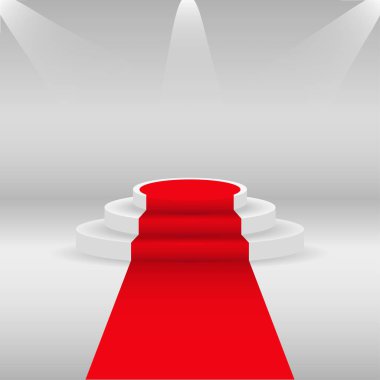 Kırmızı halı ve podyum. Beyaz, yuvarlak, harfli, aksanlı. Işıklı sahne podyumu, ödül töreni senaryosu. Vektör illüstrasyonu