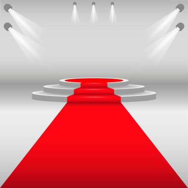 Kırmızı halı ve podyum. Kırmızı çizgili, beyaz, yuvarlak kaide. Işıklı sahne podyumu, ödül töreni senaryosu. Vektör illüstrasyonu
