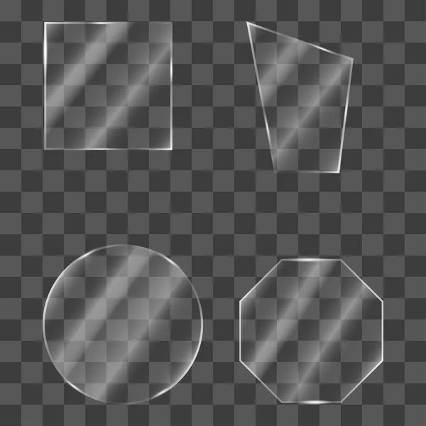 Şeffaf arkaplanda cam plakalar. Dikdörtgen, sekizgen ve yuvarlak çerçeveli gerçekçi şeffaf cam pencere. Parlak ve aydınlık akrilik ve cam dokular. Vektör illüstrasyonu