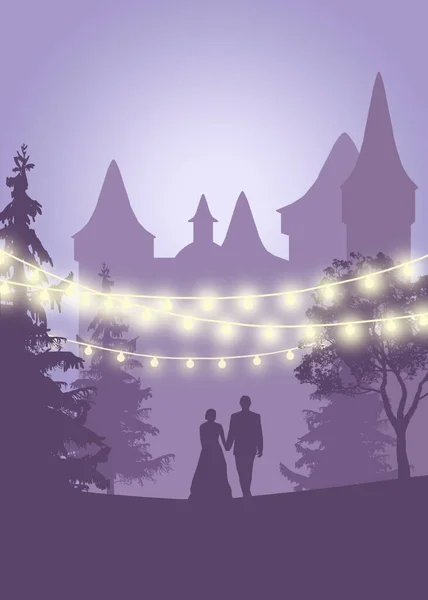 wedding invitation. Save the date card lights. Lavender illustration with a couple, castle and magical lights. Thank you card templates.