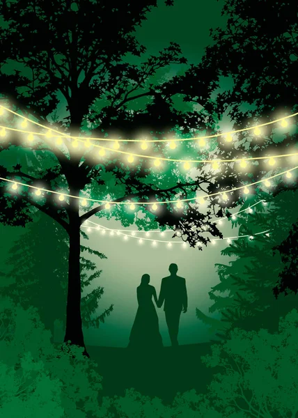 Save the date card lights. Couple in the forest. Inspiration card for wedding, date, birthday, holiday and garden party. Invitation Card with Holiday Lights with juicy greens colors. illustration