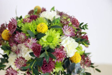 Çiçeklere yakın çekim. Buket yeşil kasımpatı, burgundy astrantia, sarı craspedia, beyaz dianthus ve okaliptüs içerir. Burgonya ve yeşil renkler.