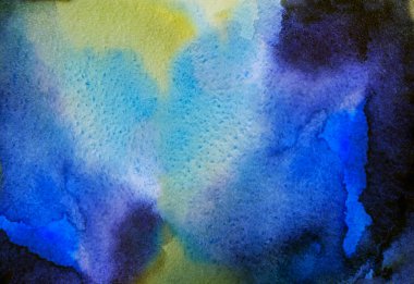 Soyut mavi, lacivert, sarı ve siyah suluboya arkaplan ve suluboya kağıt desenli. Renk boyası taşar ve kabarık çizimler yapar. Gece gökyüzü.