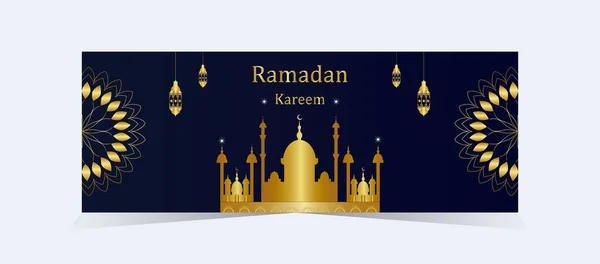 Ramadan Kareem Elegant Social Media Cover Design Blue Gold Gradient — Stock Vector