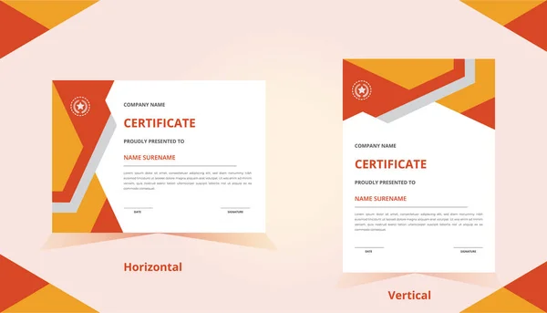 Plantilla Certificado Vertical Horizontal Color Rojo Naranja Con Una Insignia — Vector de stock