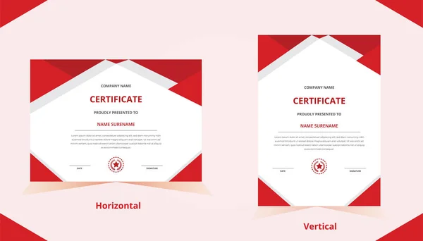 Modello Certificato Verticale Orizzontale Colore Rosso Con Distintivo Lusso Forma — Vettoriale Stock