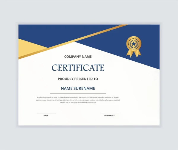 Certificado Creativo Apreciación Plantilla Premio Con Oro Azul Formas Color — Vector de stock