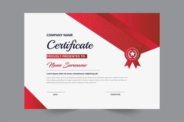 Plantilla Certificado Estilo Elegante Con Insignia Color Rojo Moderno Shape — Vector de stock