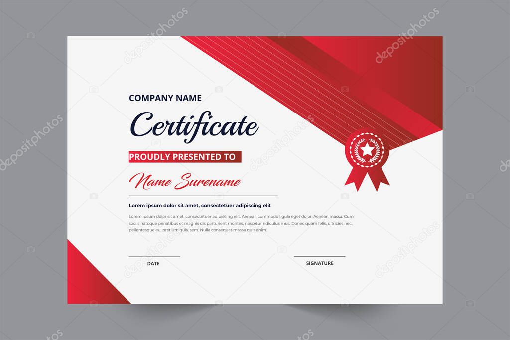 Elegant Style Certificate Template With Badge, Red Color Modern Shape.eps