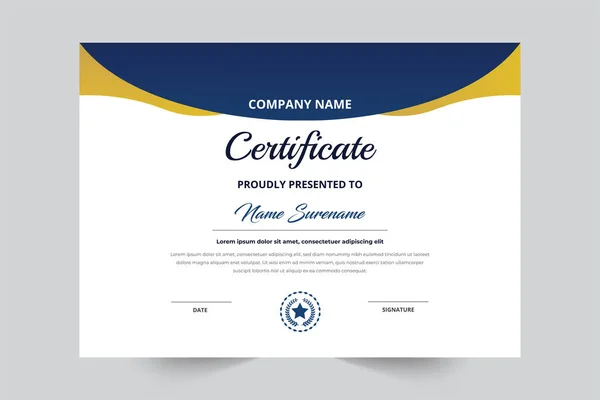 Plantilla Certificado Estilo Creativo Color Azul Dorado Con Insignia Vector — Archivo Imágenes Vectoriales