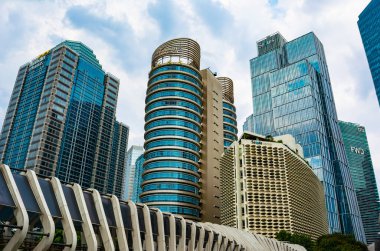 Jakarta, Indonesia - 3rd Apr 2020: Buildings in Sudirman, which is Central Business District of Jakarta. There are banks, insurance, and ministry of finance buildings. Footbridge in foreground. clipart