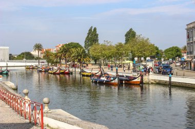 Aveiro 'daki nehir geleneksel teknelerle dolu. İnsanlar şehrin suyunu renklendiriyor.