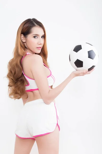 Young sexy woman with soccer ball — Stock Photo, Image