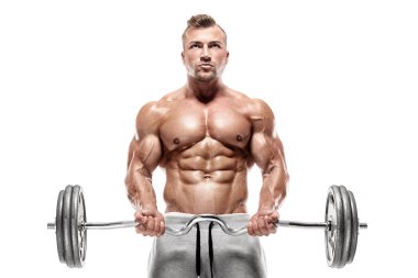 Kaslı vücut geliştirmeci adam büyük dumbbell ile yapıyor