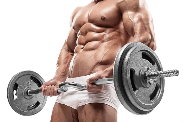 Muskulös bodybuilder killen gör övningar med stor hantel — Stockfoto