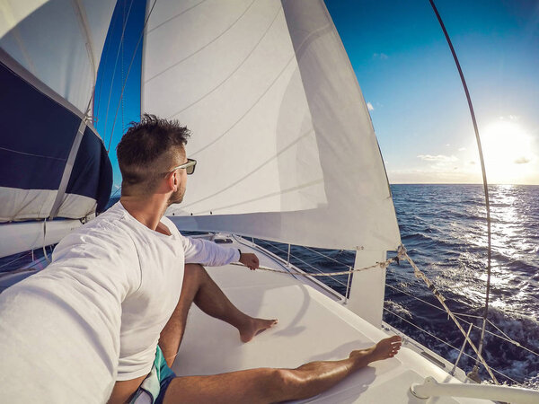Holiday selfie on Sailing yacht catamaran