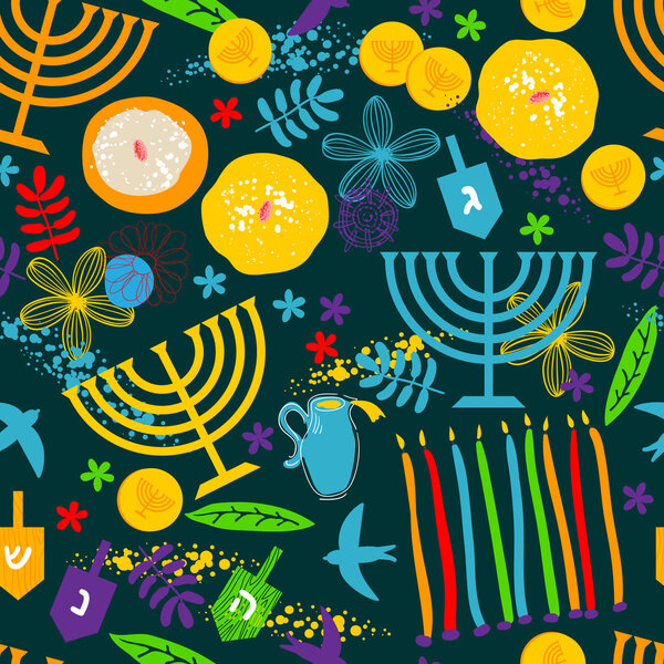 Seamless pattern with Jewish holiday Hanukkah symbols
