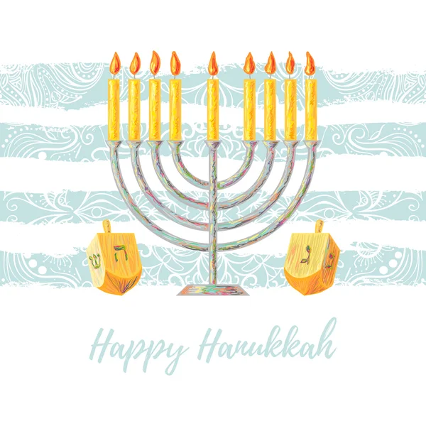 Hanukkah feliz, design conceito com menorah com velas e dreidels —  Vetores de Stock