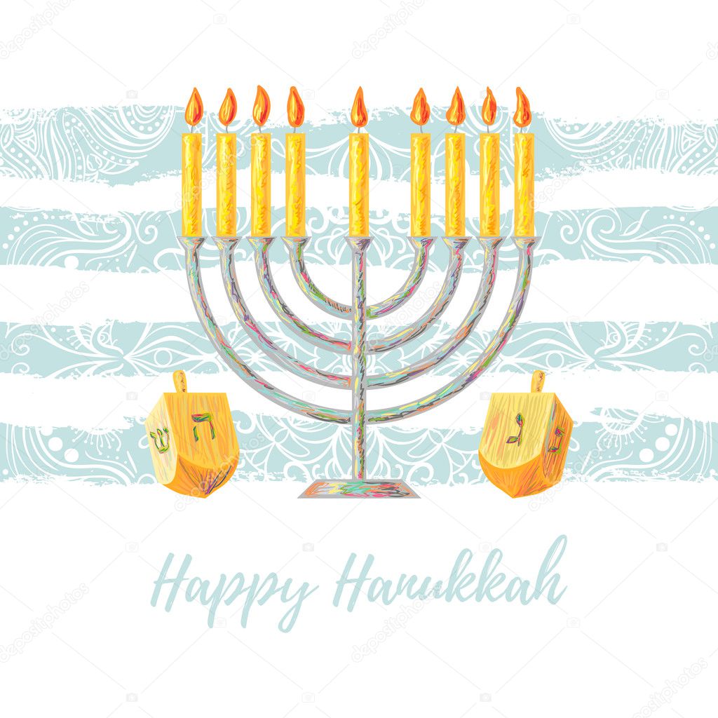 Happy Hanukkah, concept design with menorah with candles and dreidels