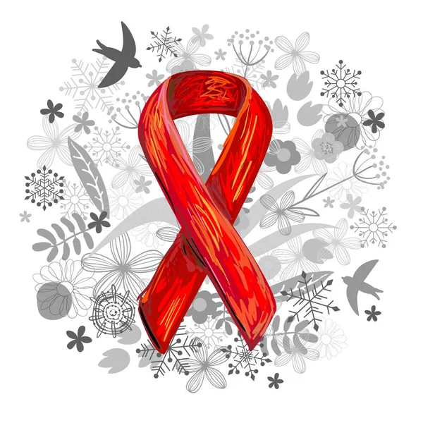 World AIDS Day. Red Awareness Ribbon and floral background — Stock Vector