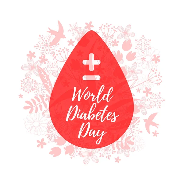 Giornata mondiale del diabete. Goccia di sangue e sfondo floreale — Vettoriale Stock