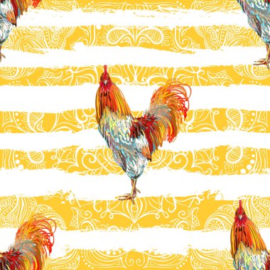 Çiftlik hayvan horoz ile Vintage seamless modeli. Kroki tarzı