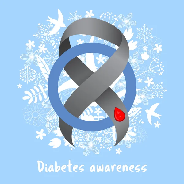 Día Mundial de la Diabetes. Cinta gris. Gota de sangre. Círculo azul.. Conciencia de la diabetes — Vector de stock
