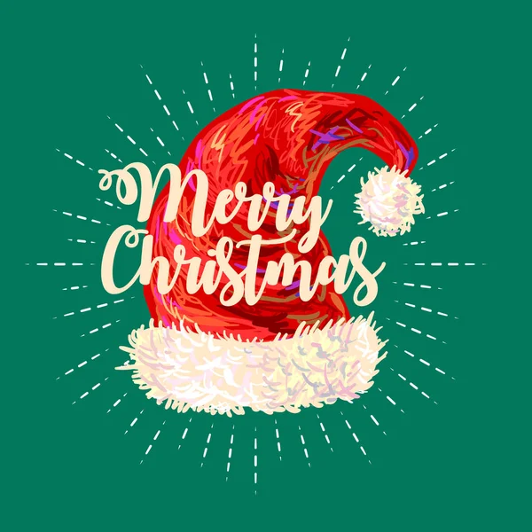 Mutlu Noeller. Tatlı Noel tebrik kartı kırmızı Santa şapka ile. Vektör arka plan — Stok Vektör