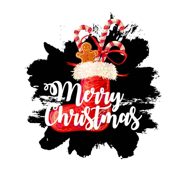 メリークリスマス。ジンジャーブレッド人のクッキー、キャンディー、クリスマス靴下で甘いクリスマスのグリーティング カード。ベクトルの背景 — ストックベクタ