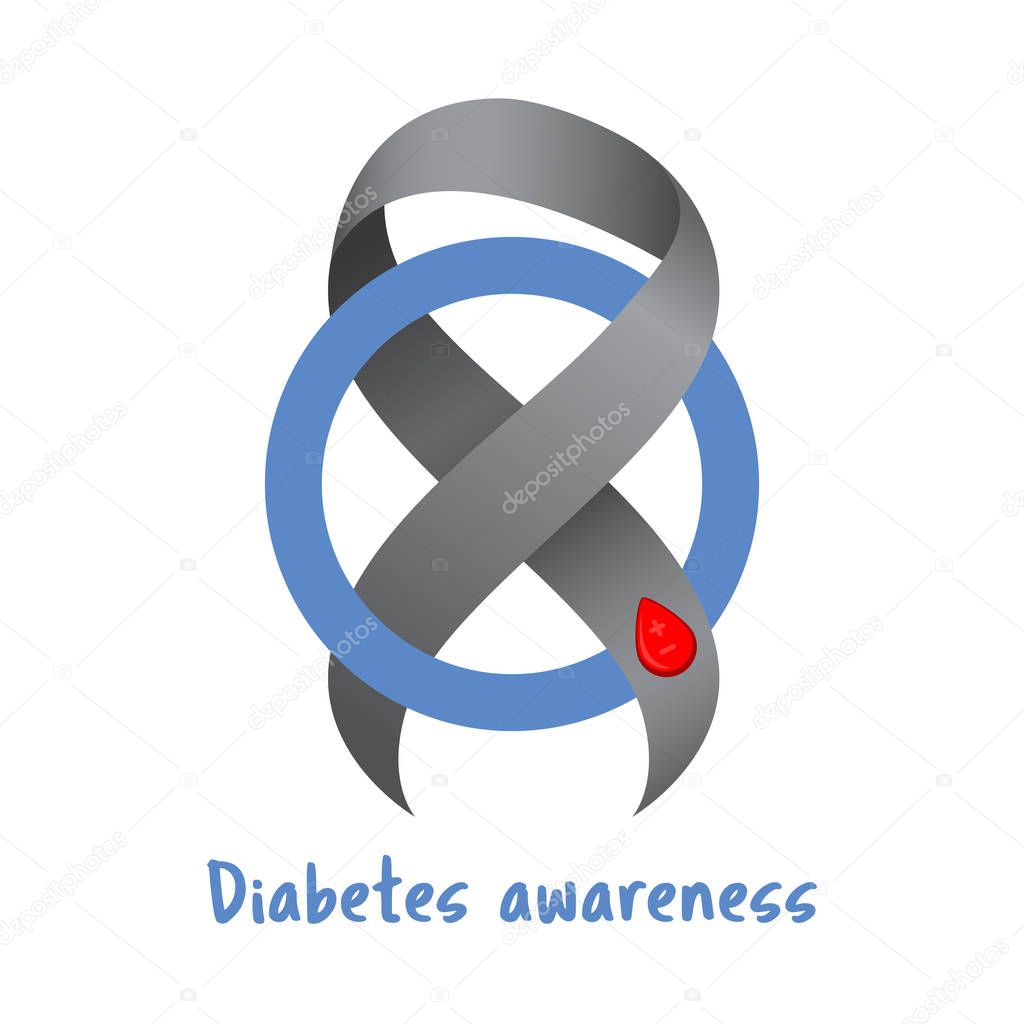 Gray ribbon. Blood drop. Blue circle. Diabetes awareness