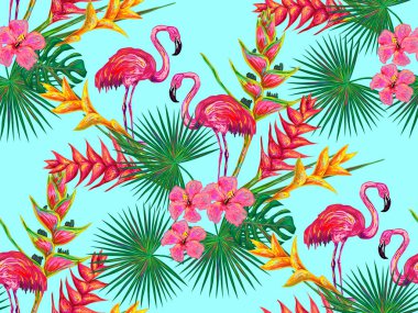 flamingolar ve çiçekler ile Seamless Modeli