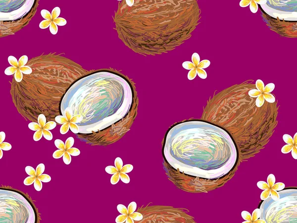 Patrón sin costuras con cocos y flores — Archivo Imágenes Vectoriales