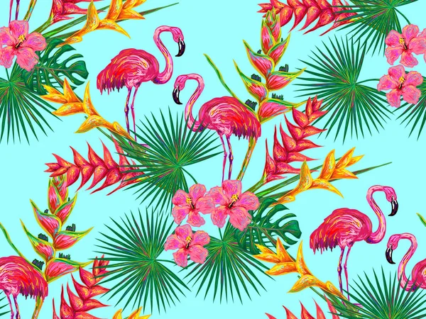 Seamless mönster med flamingos och blommor — Stock vektor