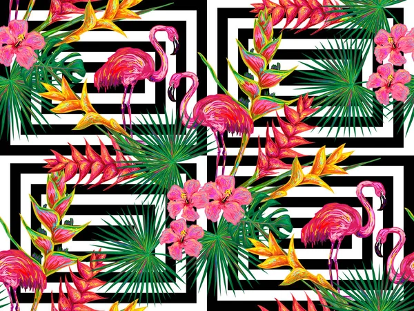 Motif sans couture avec flamants roses et fleurs — Image vectorielle