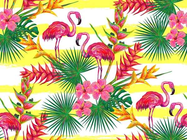 Naadloze patroon met Flamingo's en bloemen — Stockvector