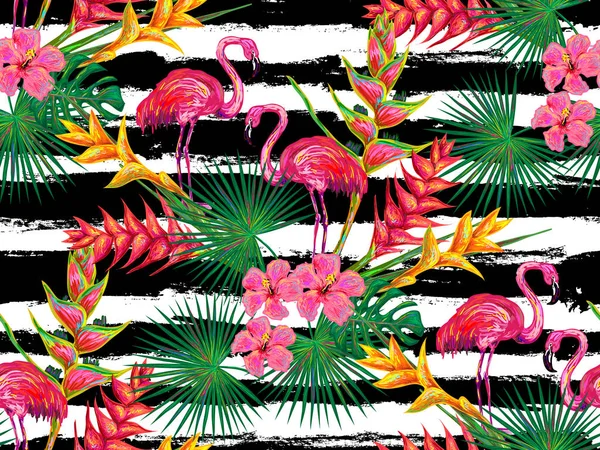 Naadloze patroon met Flamingo's en bloemen — Stockvector