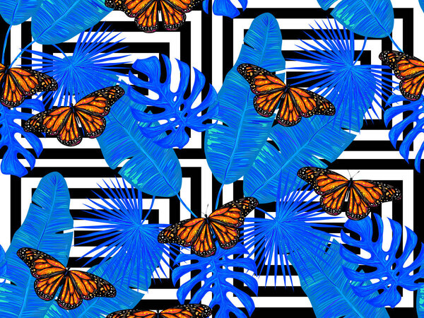 seamless pattern with butterflies and palm leaves